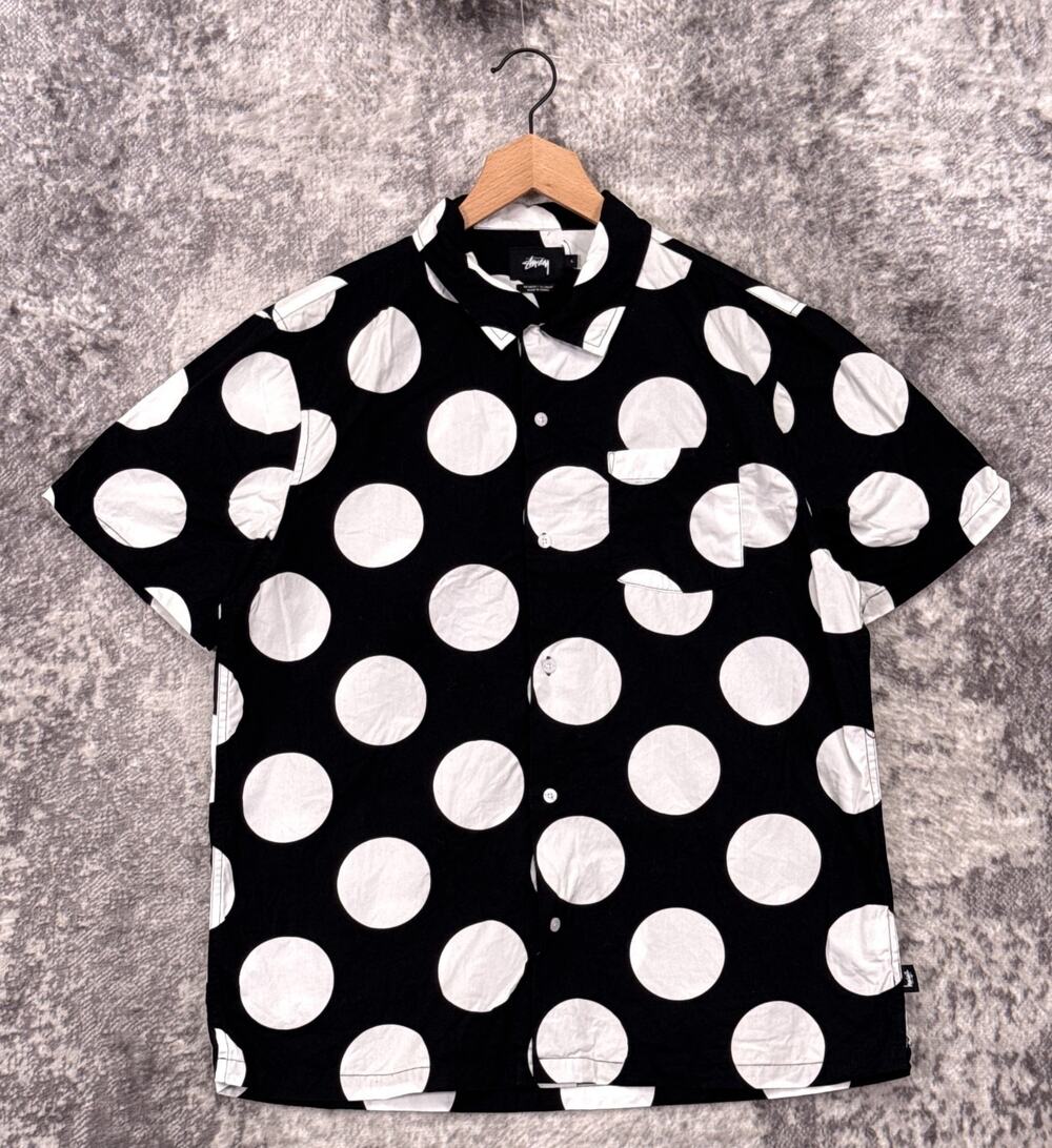 Stussy Shirt Large Mens Black And White Polka Dot Short Sleeve Button